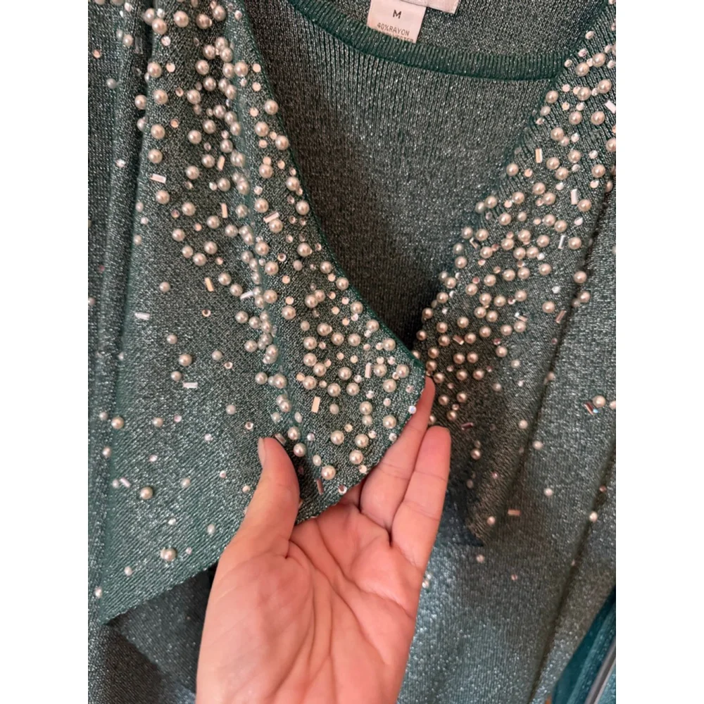 Women's Draper's & Damon's Green Beaded Cardigan M